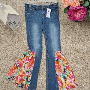 3348 Size 11 Old Navy Upcycled Bell Bottoms in Orange, Yellow and Pink Tie Dye.